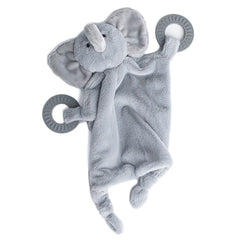 A grey elephant teether, with two teething rings on it's paws. The bunnies name is Evie, and comes from the brand Bella Tunno.