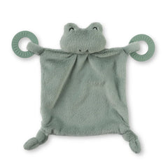 A green frog teether, with two teething rings on it's paws. The bunnies name is Freddie, and comes from the brand Bella Tunno.