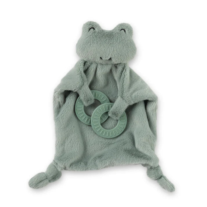 A green frog teether, with two teething rings on it's paws. The bunnies name is Freddie, and comes from the brand Bella Tunno.