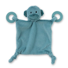 A blue monkey teether, with two teething rings on it's paws. The bunnies name is Milo, and comes from the brand Bella Tunno.