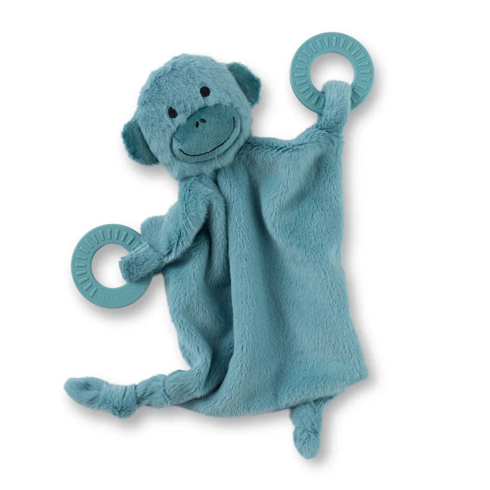 A blue monkey teether, with two teething rings on it's paws. The bunnies name is Milo, and comes from the brand Bella Tunno.