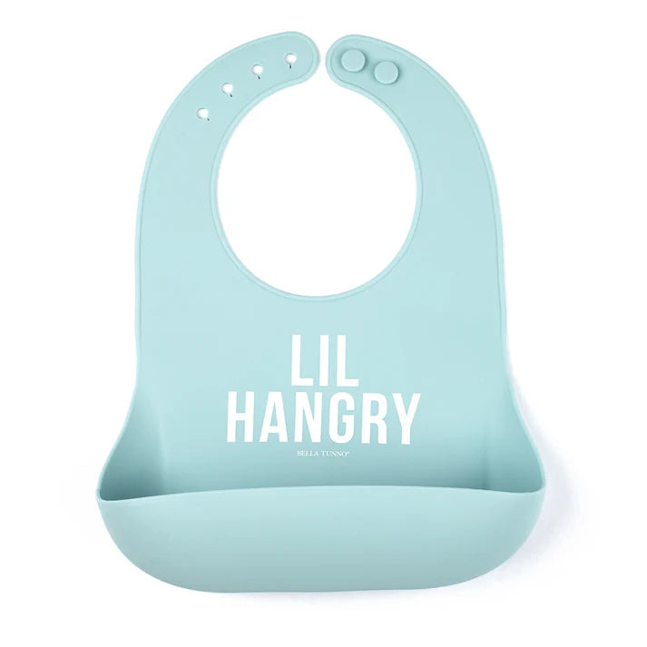 Blue color Wonder Bib that reads, "Lil Hangry" with the Bella Tunno logo below it. The bib is adjustable in size with 4 snaps that easily fit around the neck. The Wonder Bib is designed out of silicone, and is made by Bella Tunno.