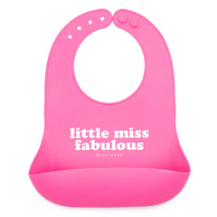 Pink color Wonder Bib that reads, "little miss fabulous" with the Bella Tunno logo below it. The bib is adjustable in size with 4 snaps that easily fit around the neck. The Wonder Bib is designed out of silicone, and is made by Bella Tunno.