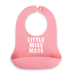 Pink color Wonder Bib that reads, "little miss mess" with the Bella Tunno logo below it. The bib is adjustable in size with 4 snaps that easily fit around the neck. The Wonder Bib is designed out of silicone, and is made by Bella Tunno.