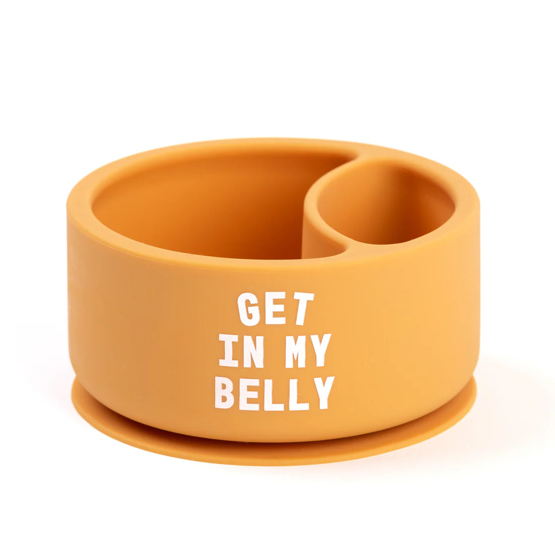 A Bella Tunno Wonder Bowl for kids in the color orange that reads, "Get In My Belly." 