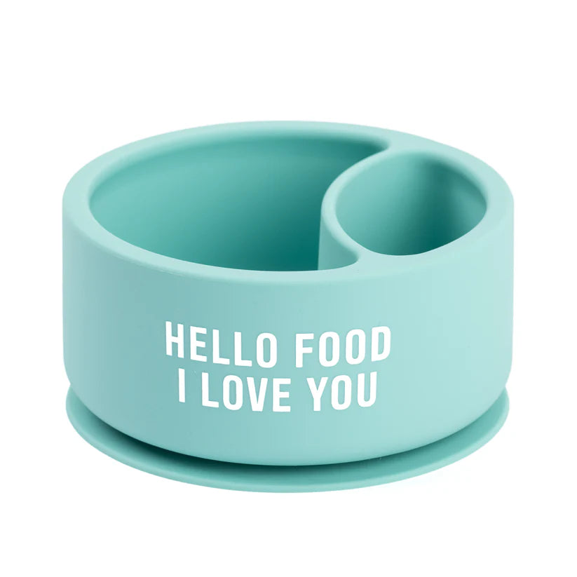 A Bella Tunno Wonder Bowl for kids in the color blue that reads, "Hello Food I Love You." 