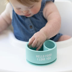 A Bella Tunno Wonder Bowl for kids in the color blue that reads, "Hello Food I Love You." 