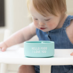 A Bella Tunno Wonder Bowl for kids in the color blue that reads, "Hello Food I Love You." 