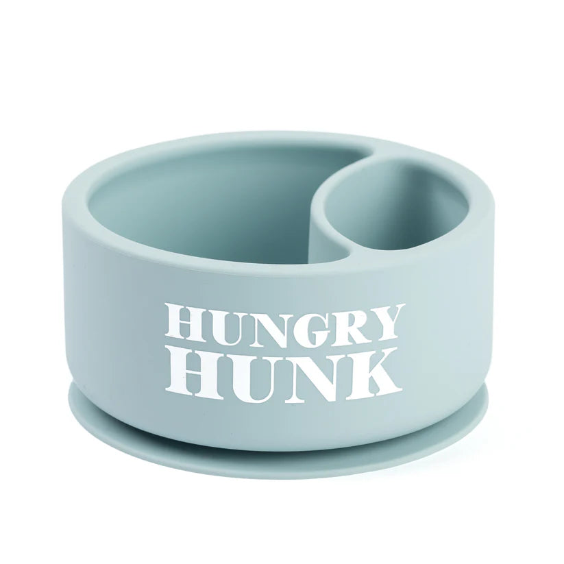 A Bella Tunno Wonder Bowl for kids in the color blue that reads, "Hungry Hunk." 