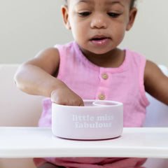 A Bella Tunno Wonder Bowl for kids in the color pink that reads, "little miss fabulous." 