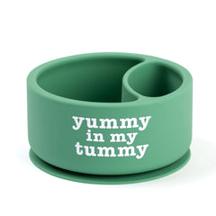 A Bella Tunno Wonder Bowl for kids in the color green that reads, "Yummy in My Tummy." 