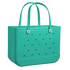 A green colored hand bag with holes on the side, and two handles on top. The bag features a Bogg Bag logo on the bottom right engraved into the bag.