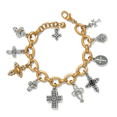 Gold chain bracelet with 11 cross charms.