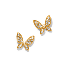 Gold butterfly post earrings with fine crystals.