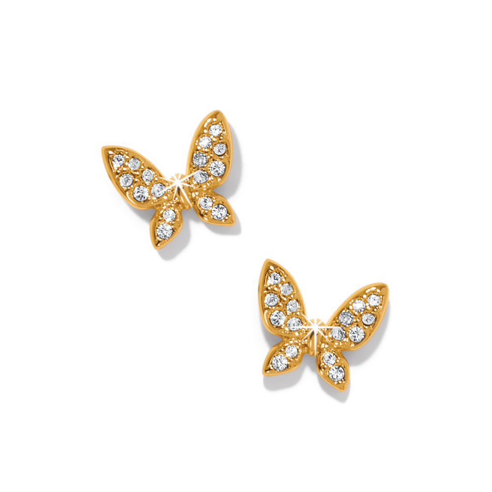 Gold butterfly post earrings with fine crystals.