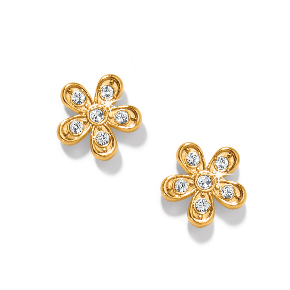 Gold flower post earrings with 5 fine quality crystals inside.