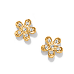 Gold flower post earrings with 5 fine quality crystals inside.