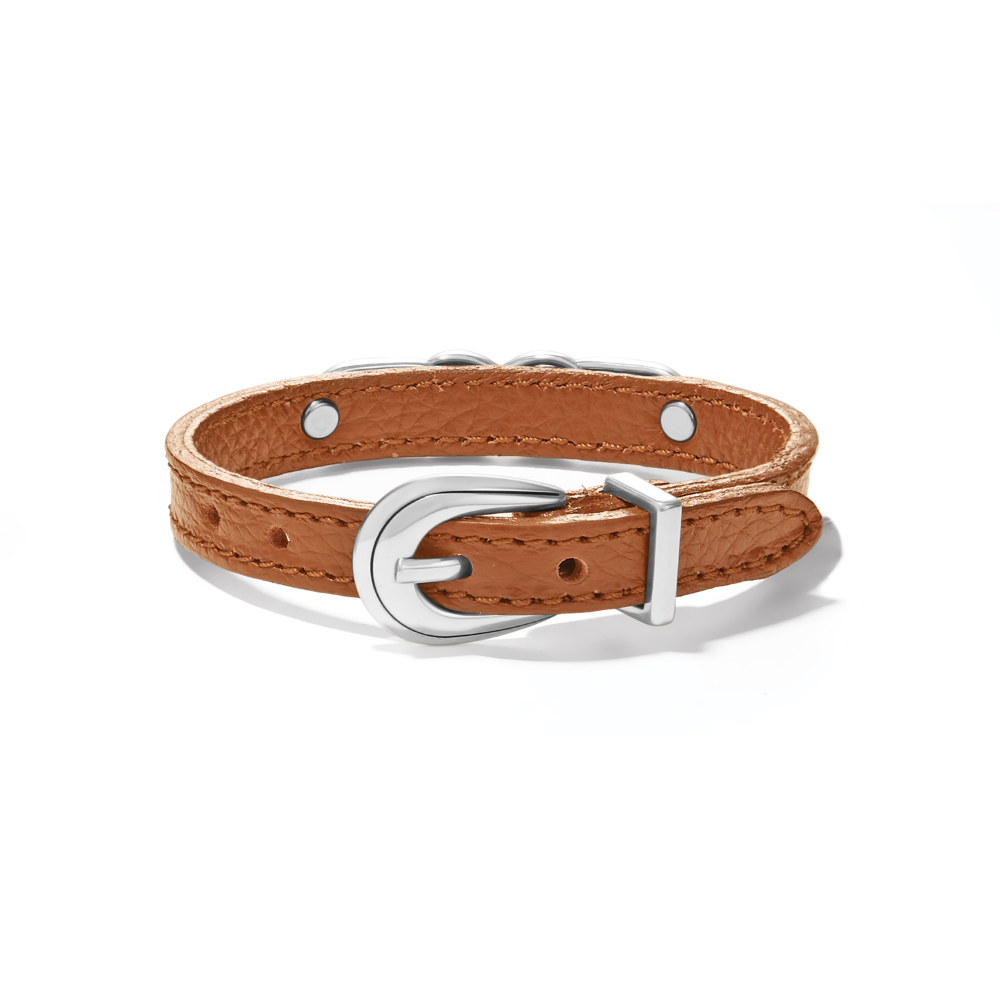 A brown leather buckle bracelet with silver plated finish.