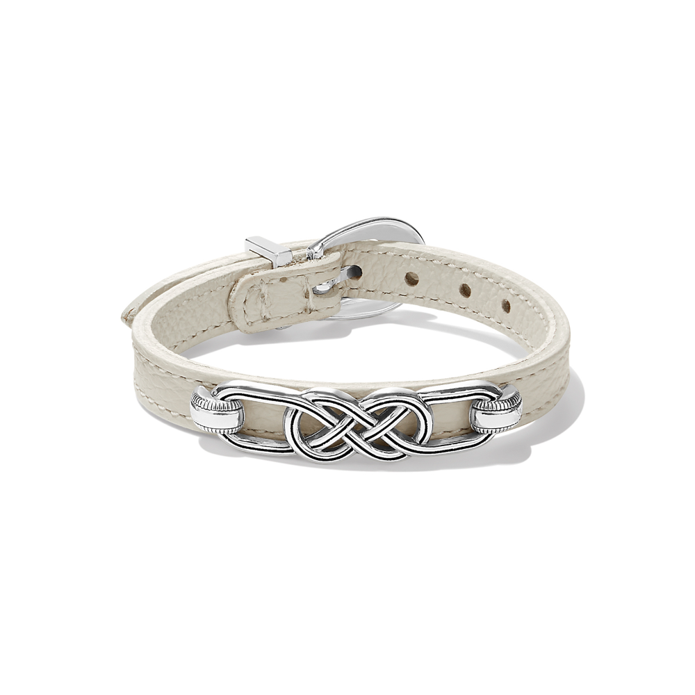 A white leather bracelet with silver finish from Brighton Designs.