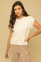 Cable Knit Short Sleeve Sweater in the color white.