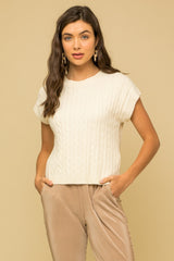 Cable Knit Short Sleeve Sweater in the color white.