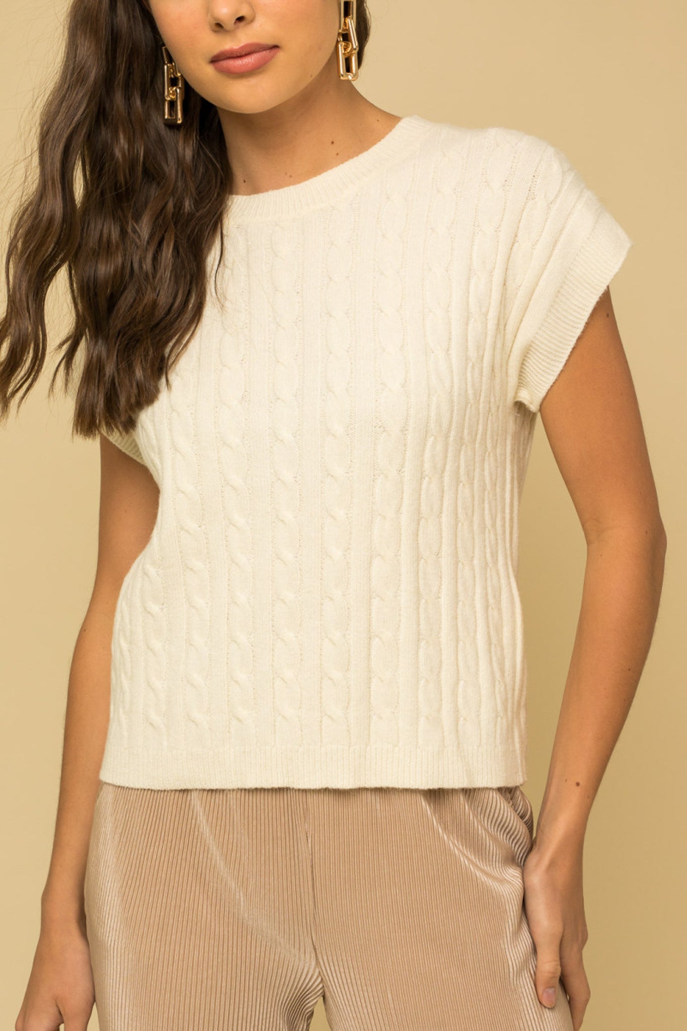 Cable Knit Short Sleeve Sweater in the color white.