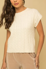 Cable Knit Short Sleeve Sweater in the color white.