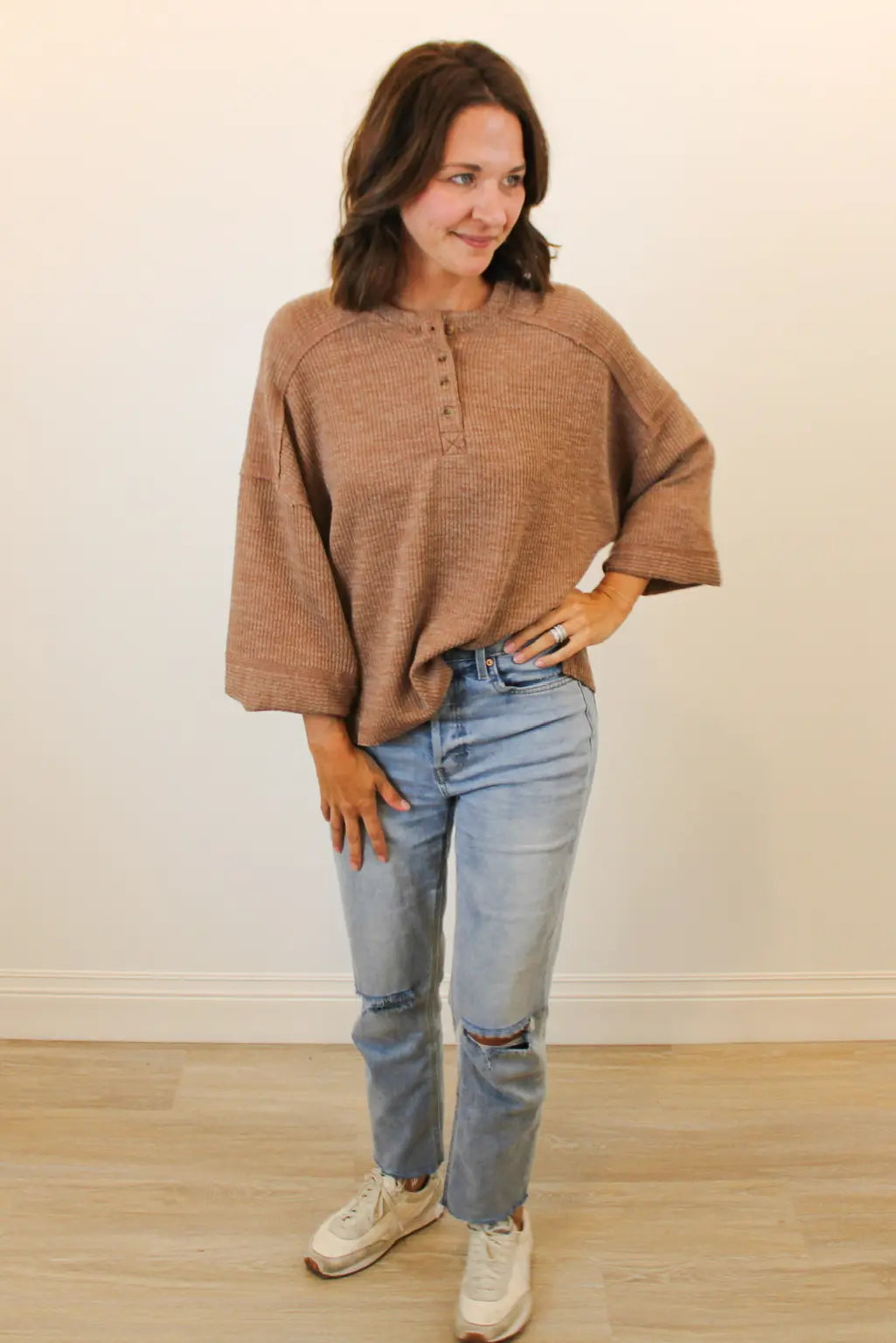 Caramel Henley Sweater Front View