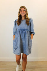 Country Girl Washed Denim Dress Indigo Front View