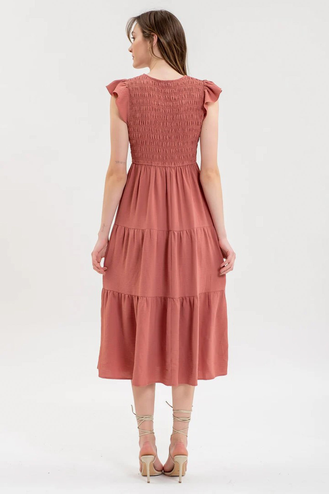 Delaney Tiered Flutter Sleeve Midi Dress