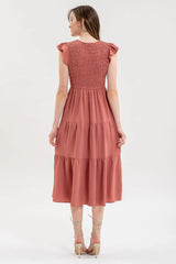 A flutter sleeve midi dress in a rose color.