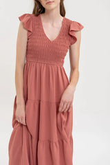 A flutter sleeve midi dress in a rose color.