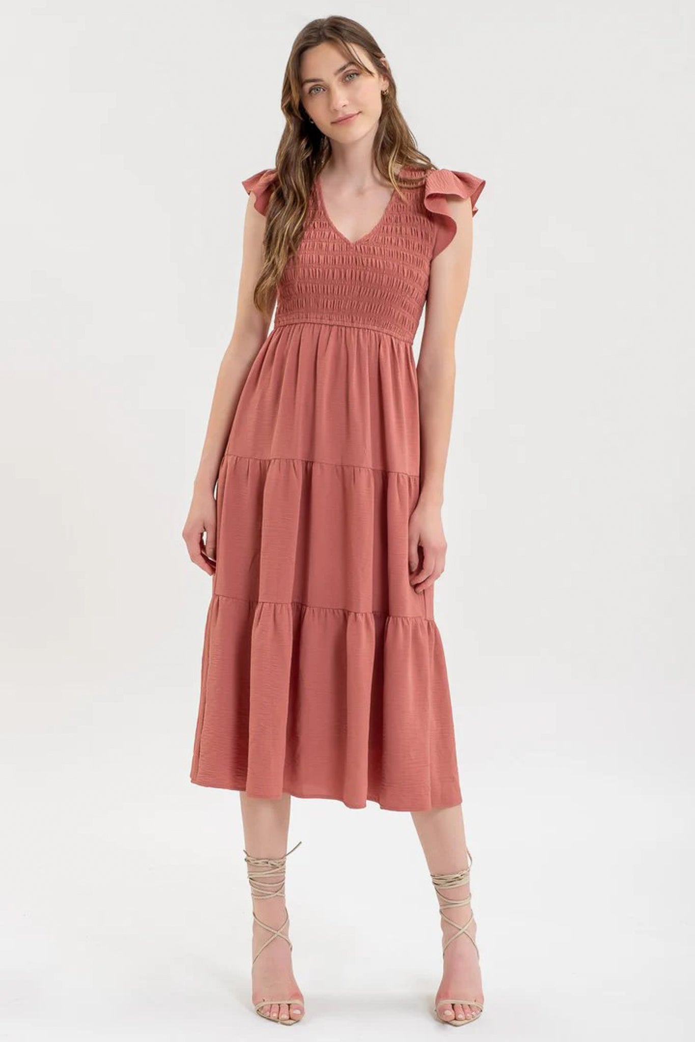 Delaney Tiered Flutter Sleeve Midi Dress