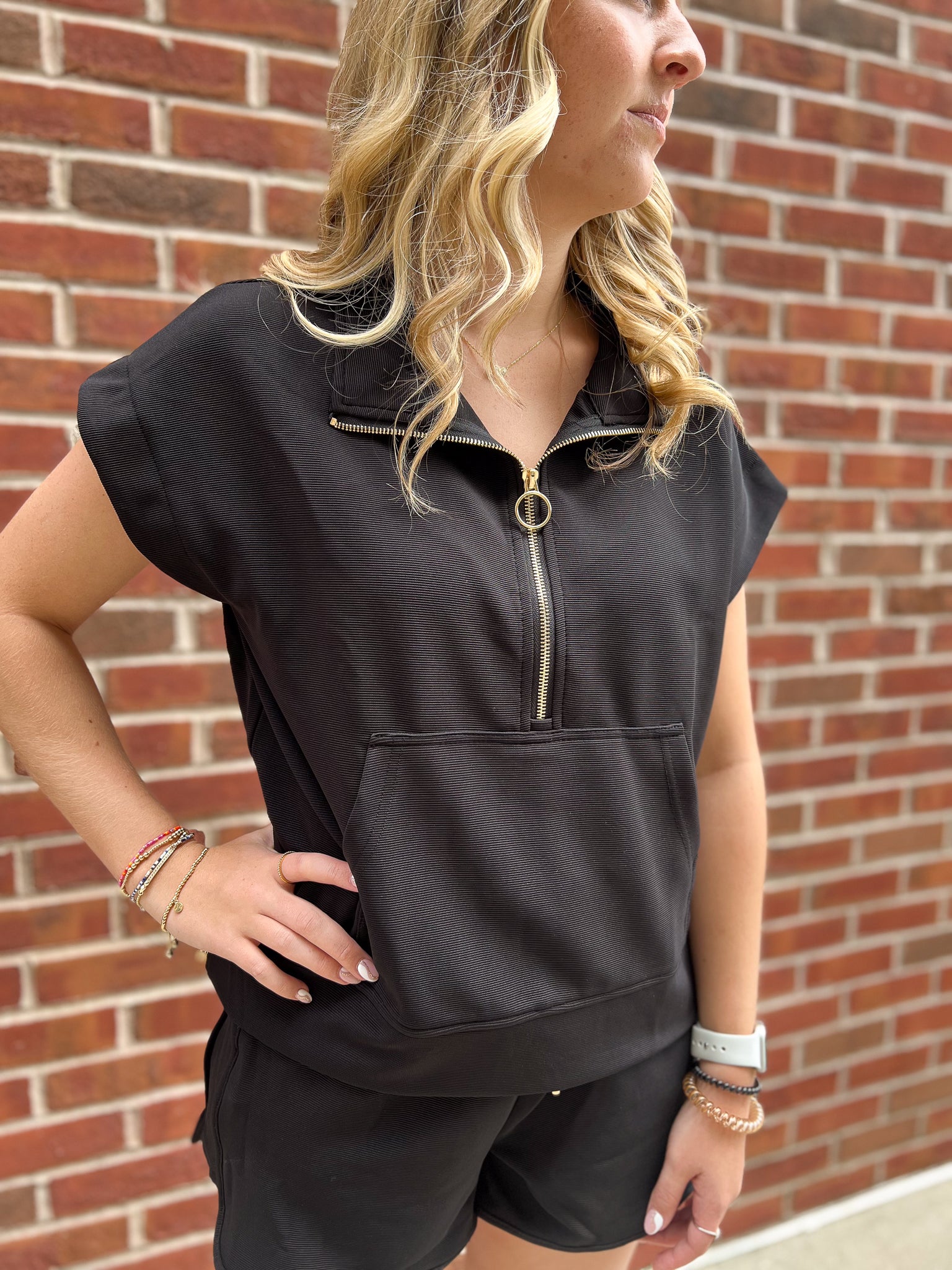 On The Go Short Sleeve Zip Up Top