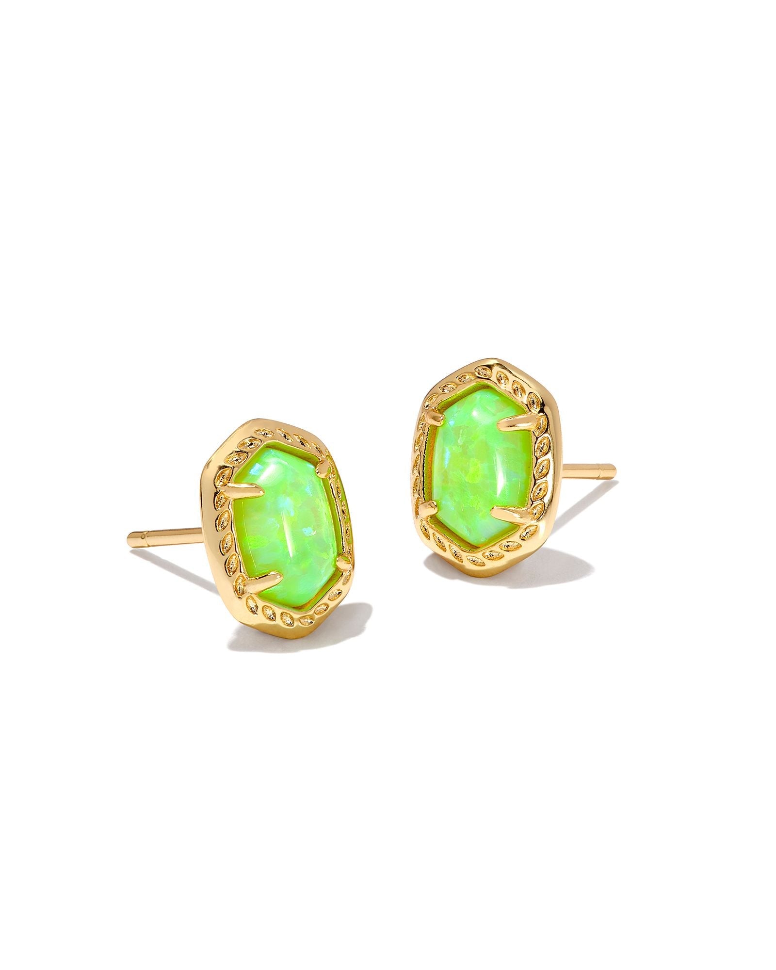 Kendra Scott Daphne Framed Stud Earrings in Gold Bright Green Kyocera Opal.