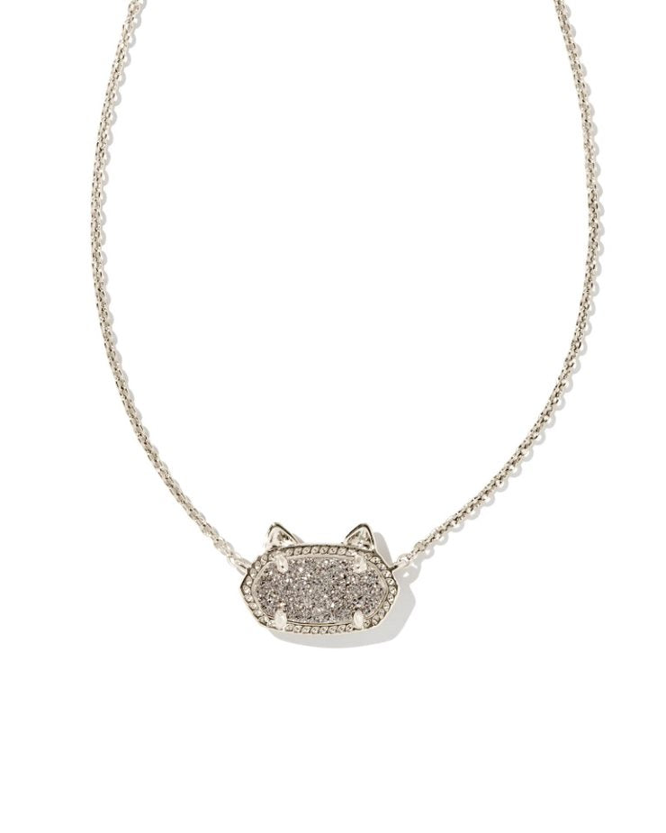 Elisa Cat Pendant Necklace Rhodium Platinum Drusy