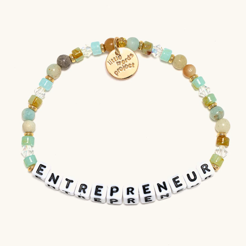 A green and brown bead bracelet that reads, "Entrepreneur."