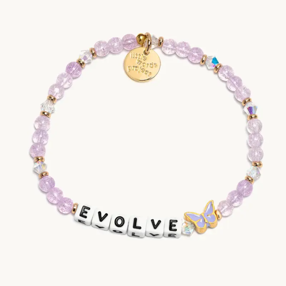 Purple bead bracelet from Little Words Project, with a purple butterfly, and the word "EVOLVE."