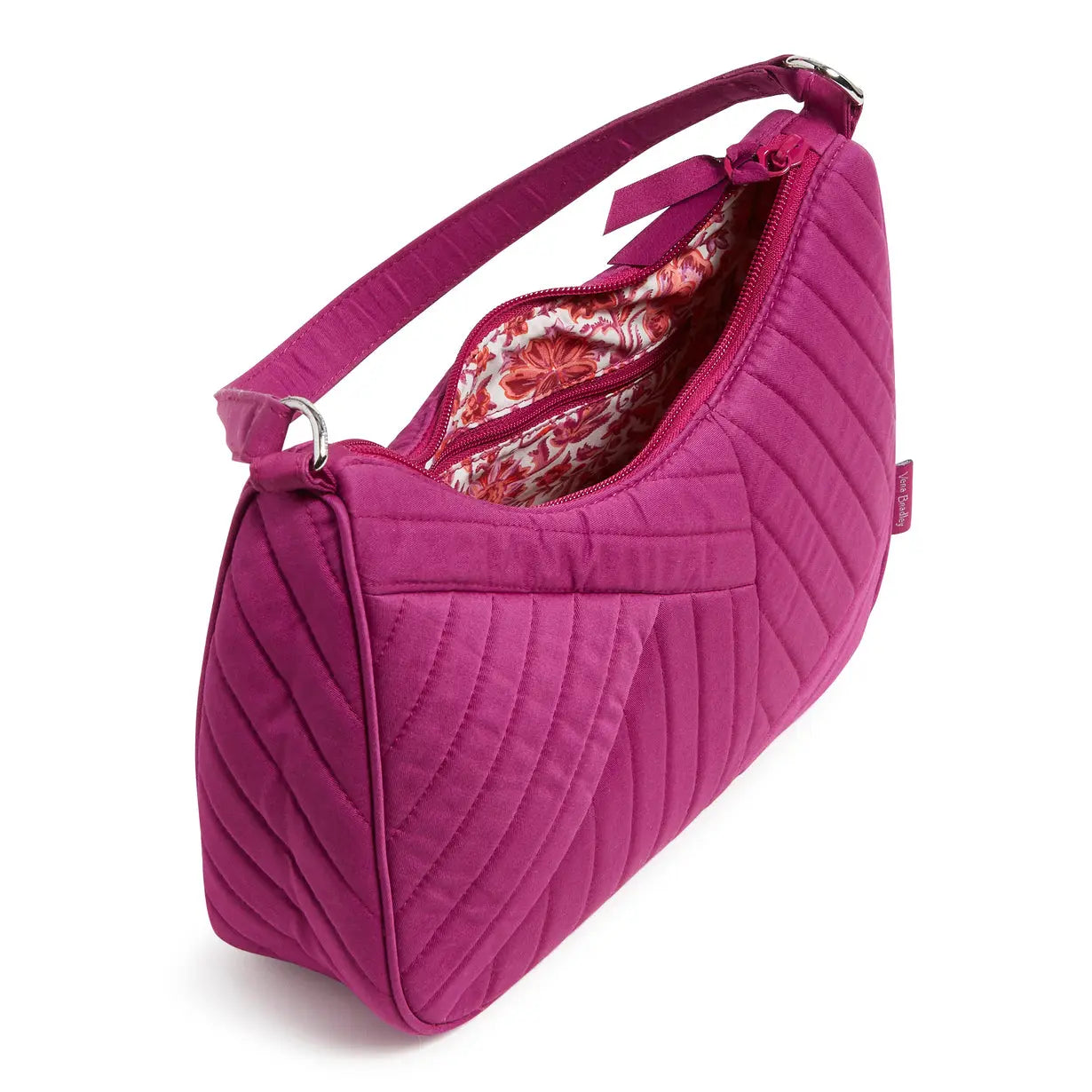 Vera Bradley Frannie Crescent Crossbody Halo Quil in Dark Raspberry pattern. Recycled cotton.