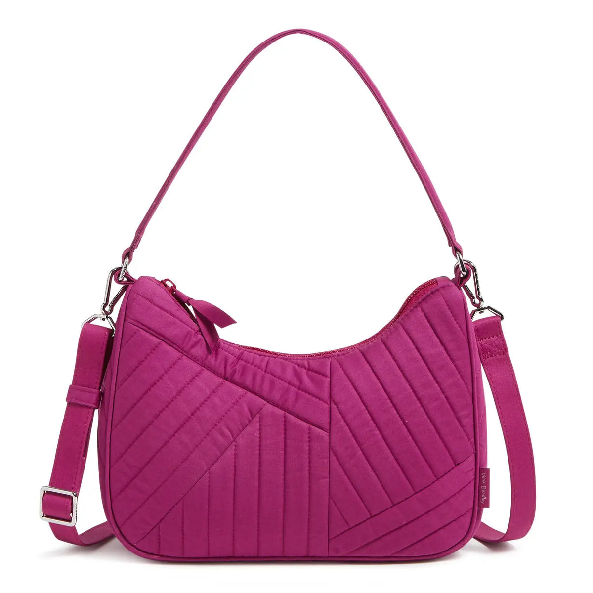 Vera Bradley Frannie Crescent Crossbody Halo Quil in Dark Raspberry pattern. Recycled cotton.