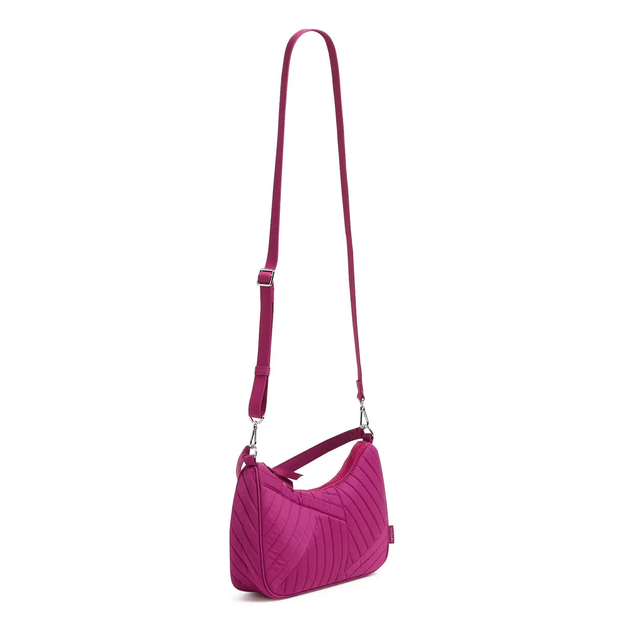 Vera Bradley Frannie Crescent Crossbody Halo Quil in Dark Raspberry pattern. Recycled cotton.