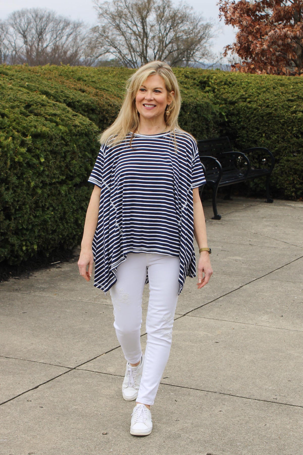 Going Coastal Striped Short Sleeve Tee√Going Coastal Striped Short Sleeve Tee in color Navy, with white tripes. From Daisy Mercantile.