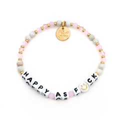 Pink bead bracelet that reads, "Happy As Fuck."