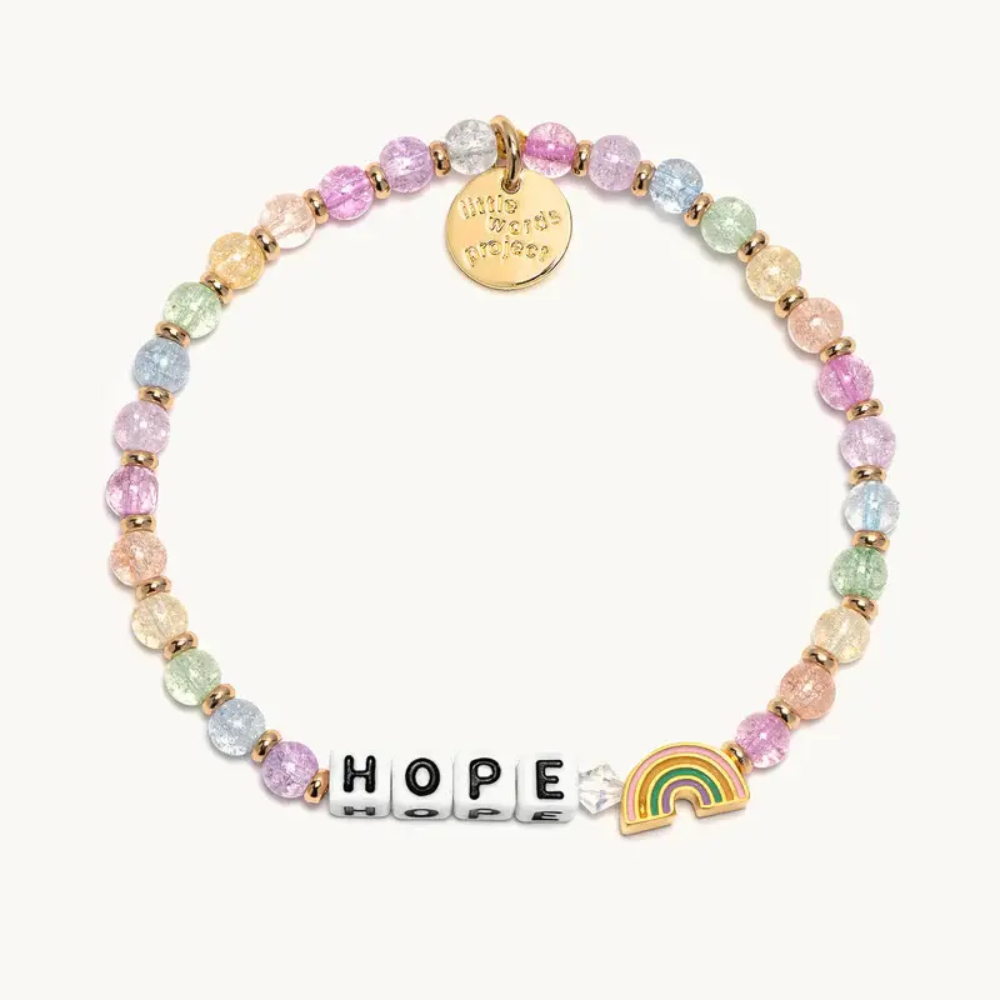 Multi color bead bracelet with a rainbow charm, and beads that read "Hope."