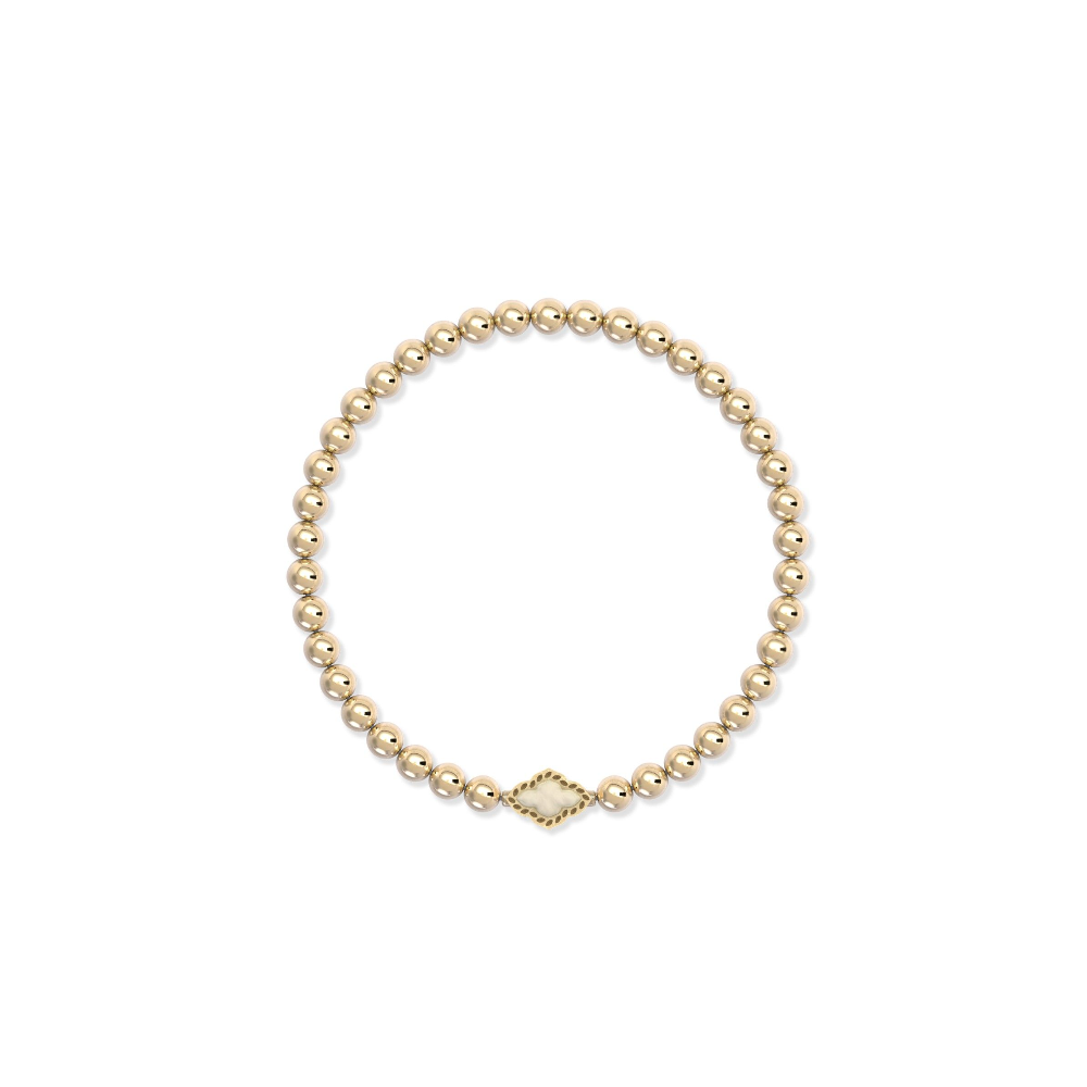 A gold beaded bracelet with stretch elastic with a mother of pearl center. From Kendra Scott jewelry collection.