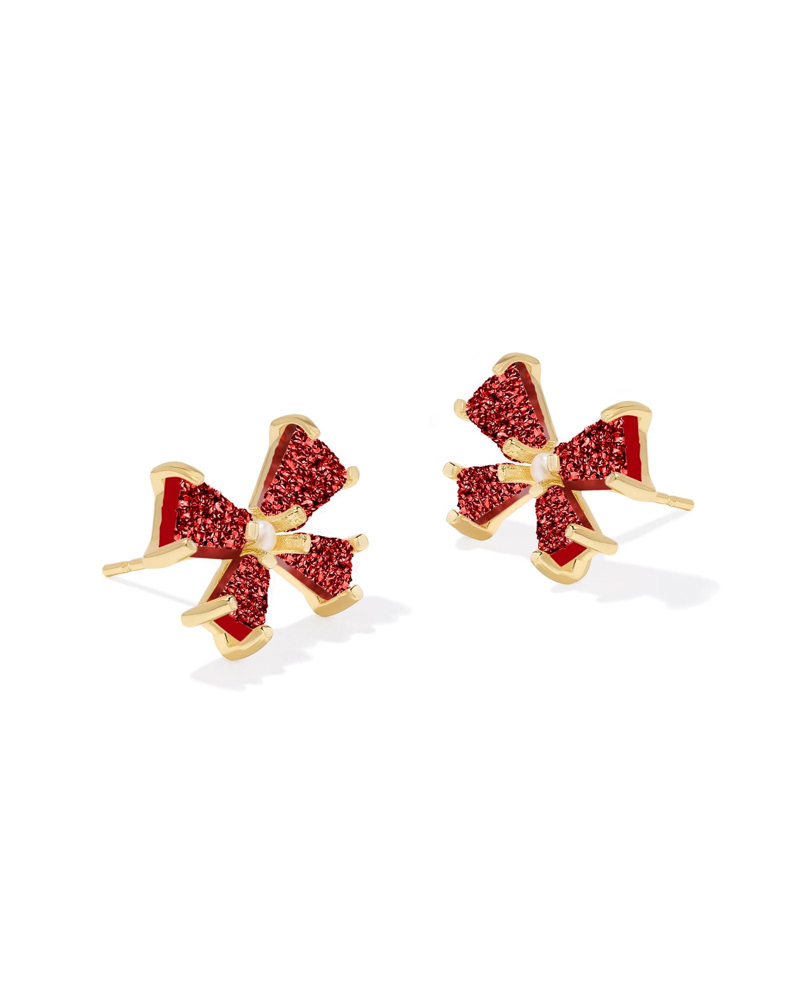 Kendra Scott Gold Blair Bow Small Stud Earrings with Bright Red Drusy.