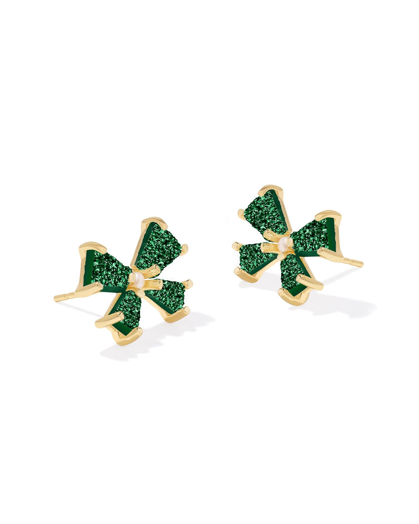 Kendra Scott Gold Blair Bow Small Stud Earrings with Emerald Drusy.