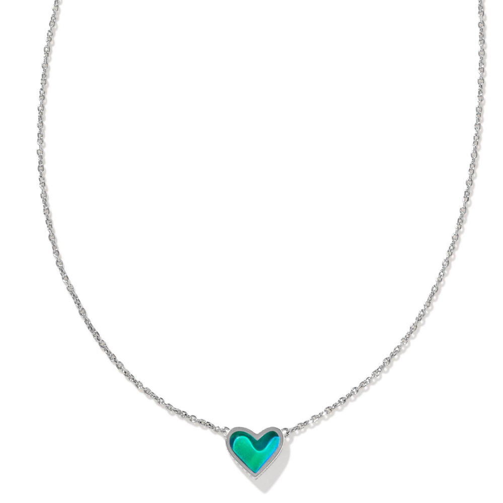 KENDRA SCOTT FRAMED ARI HEART SHORT PENDANT NECKLACE SILVER MOOD STONE.