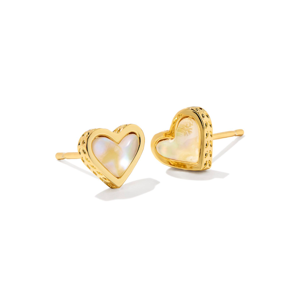 KENDRA SCOTT FRAMED ARI HEART STUD EARRINGS GOLD IRIDESCENT DRUSY.