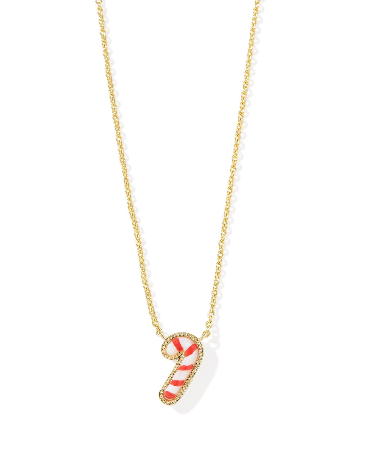 Kendra Scott gold necklace with a candy cane pendant.